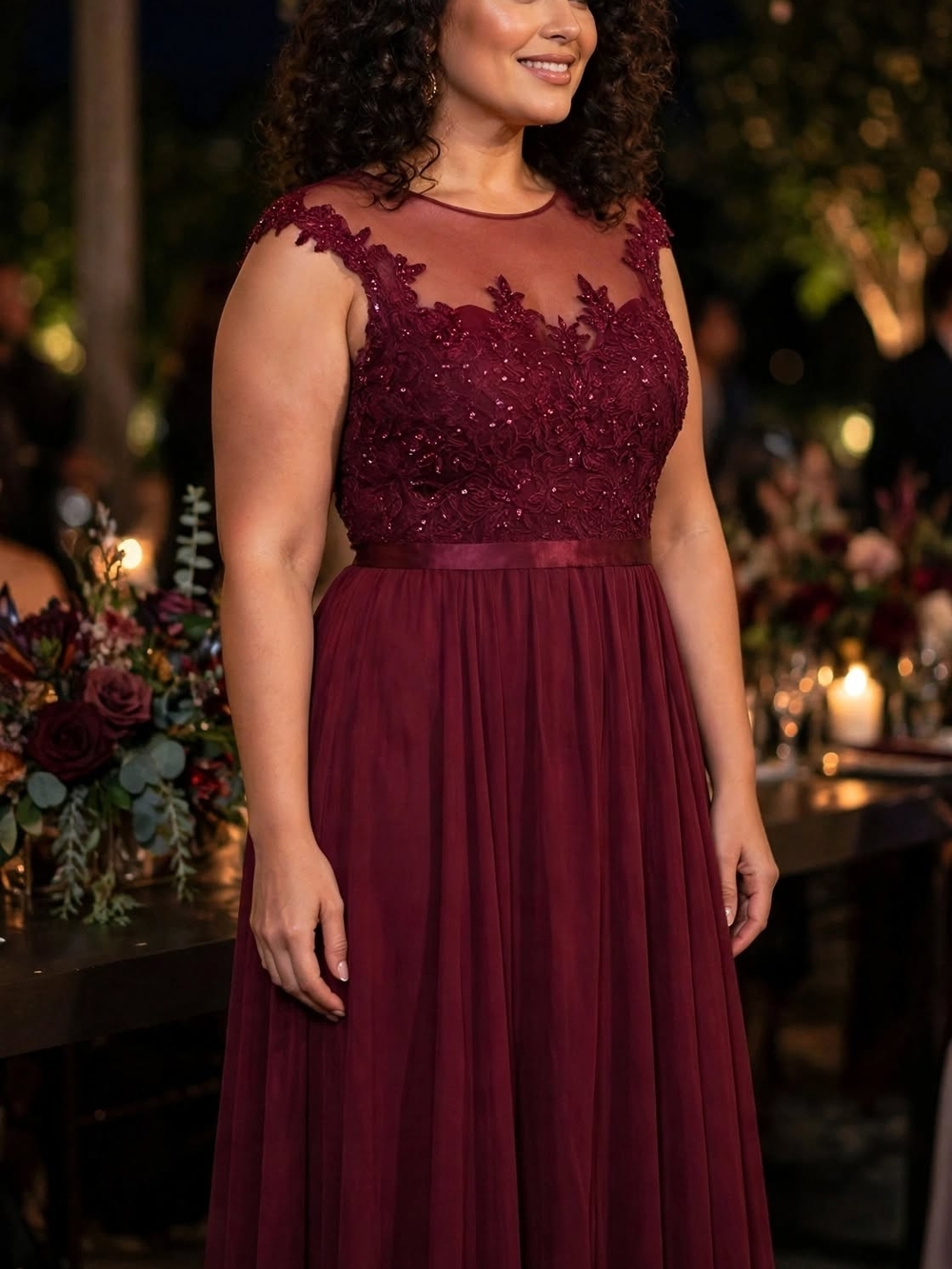 Plus-Size Burgundy Lace & Tulle Maxi Dress